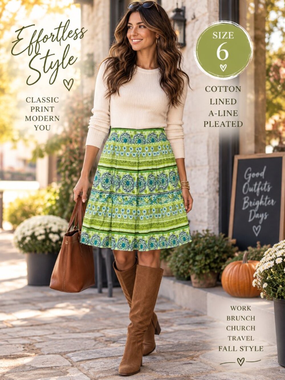 Green Teal Floral A-Line Skirt 6 Cotton Pleated Border Print Boho Preppy Fall